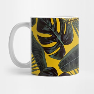 Tropical Black Green Leaves Pattern on Mustard Yellow Mug